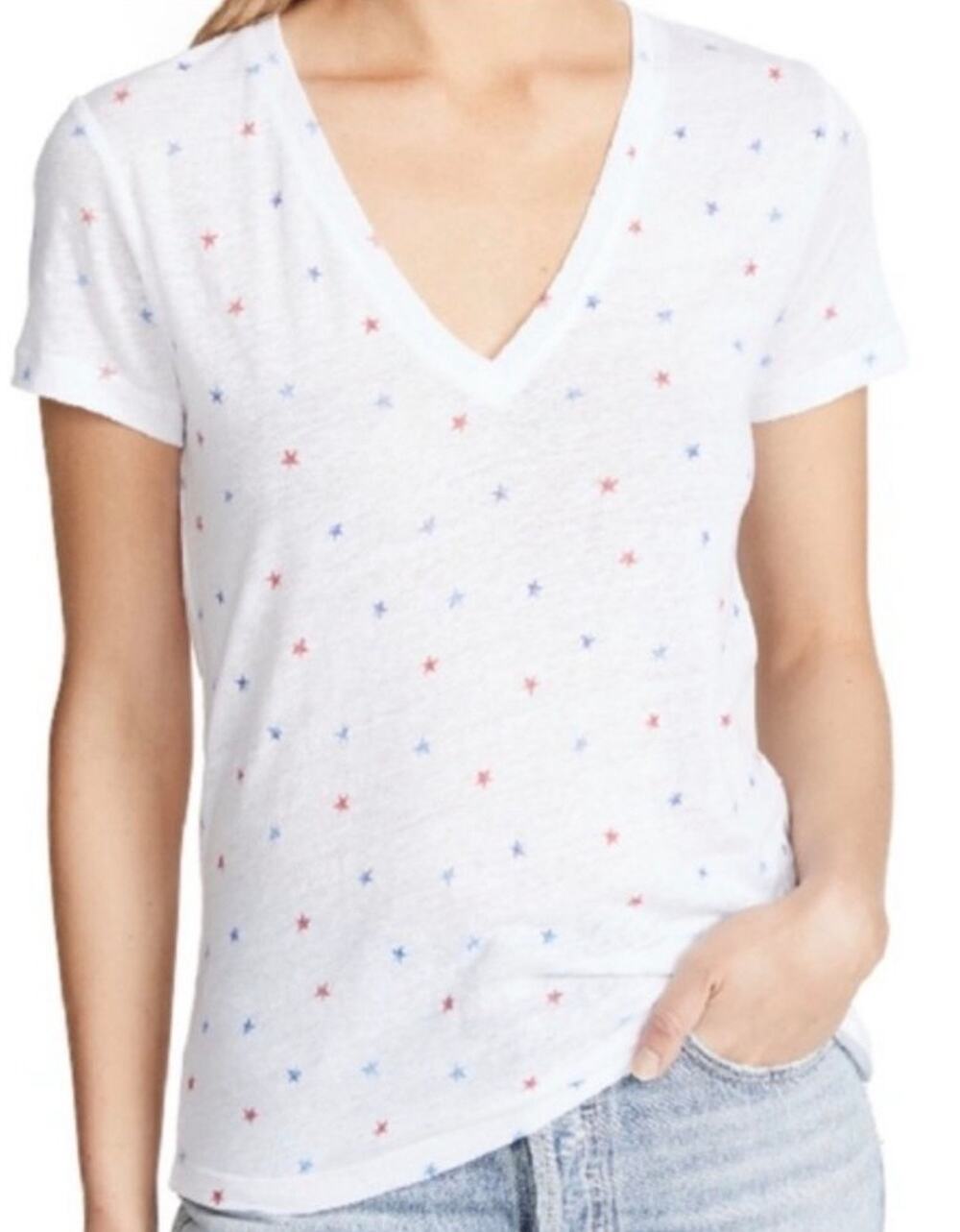 Rails Cara Watercolor Stars Linen Blend V Neck Tee Patriotic Medium Americana